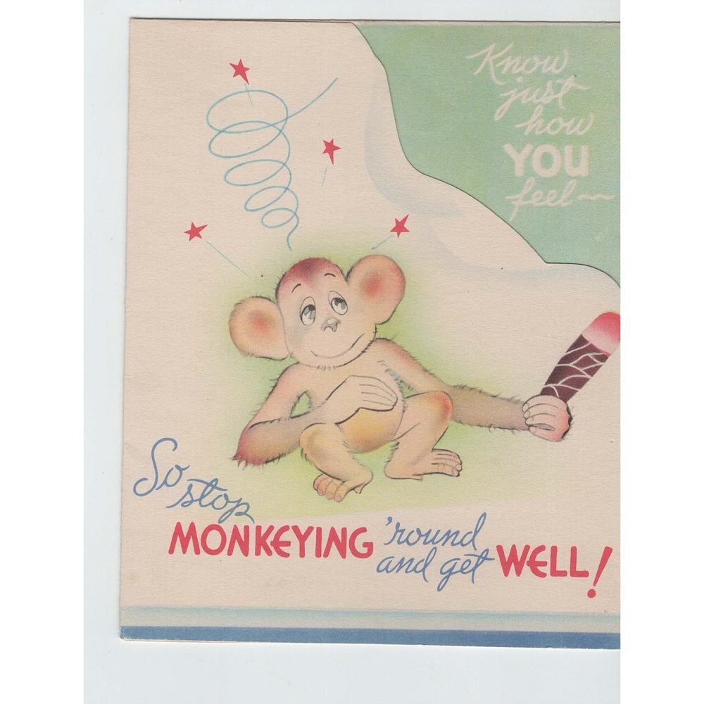 Vintage 1950s Get Well Card Monkey Die Cut Mid Century Used Signed - Picture 1 of 2